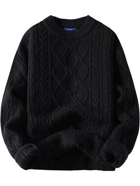 Women's Black Crewneck Pullover Knit Long Sleeve Vintage Cable Oversized Sweater